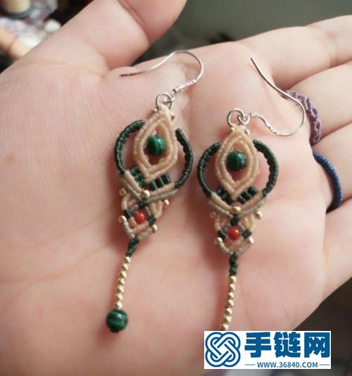 中国结蜡线孔雀石南红珠耳环的详细编制方法
