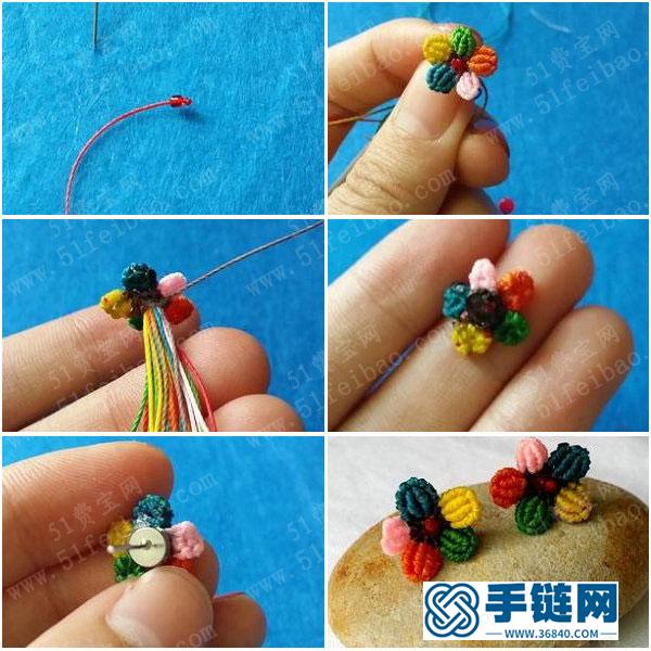 中国结耳钉的方法步骤_五色小花耳钉手工编织教程 
