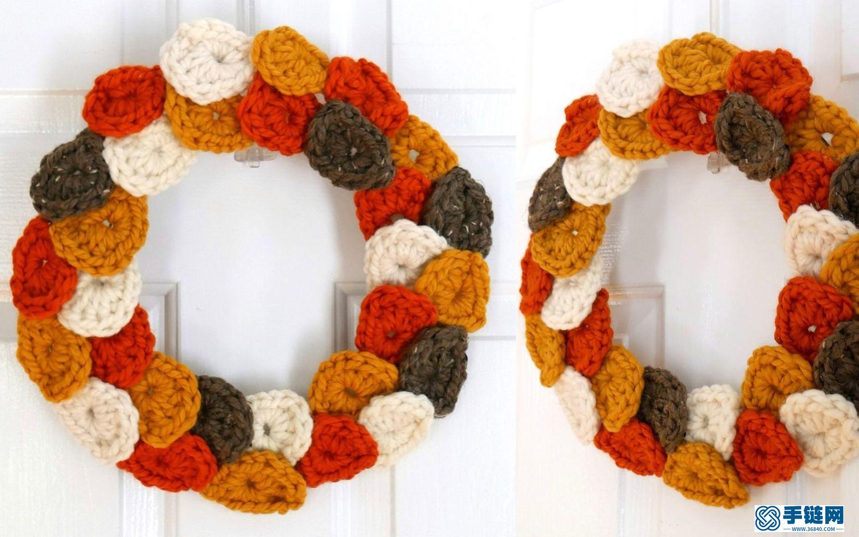 钩针编织美丽的落叶花环装饰，落在墙面上的秋色