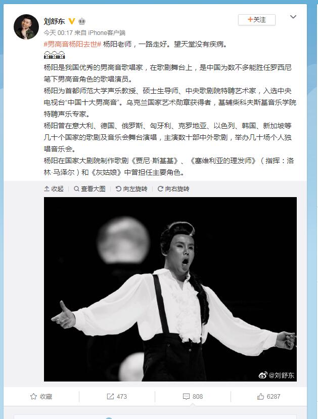 男高音歌唱家杨阳因抑郁症去世享年44岁
